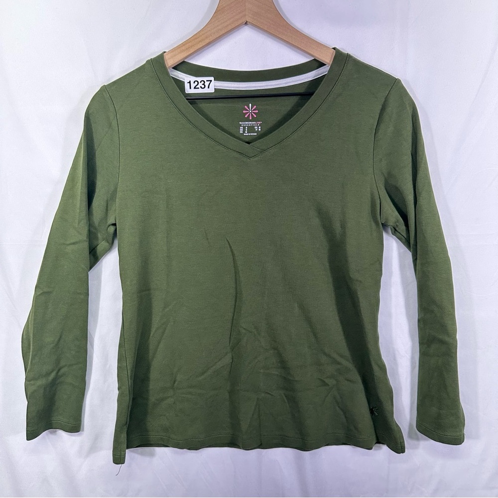 Isaac Mizrahi Live Essentials Green V-Neck Long Sleeve Top Size S
